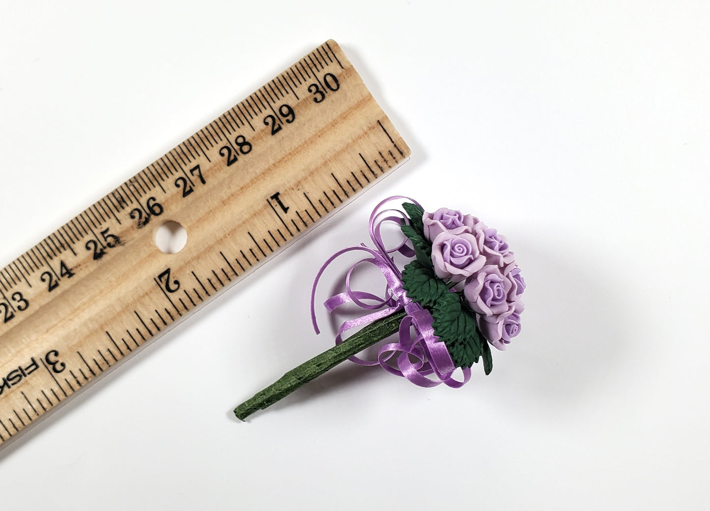 Dollhouse Purple Roses Bridal Bouquet with Purple Ribbons 1:12 Scale Miniature