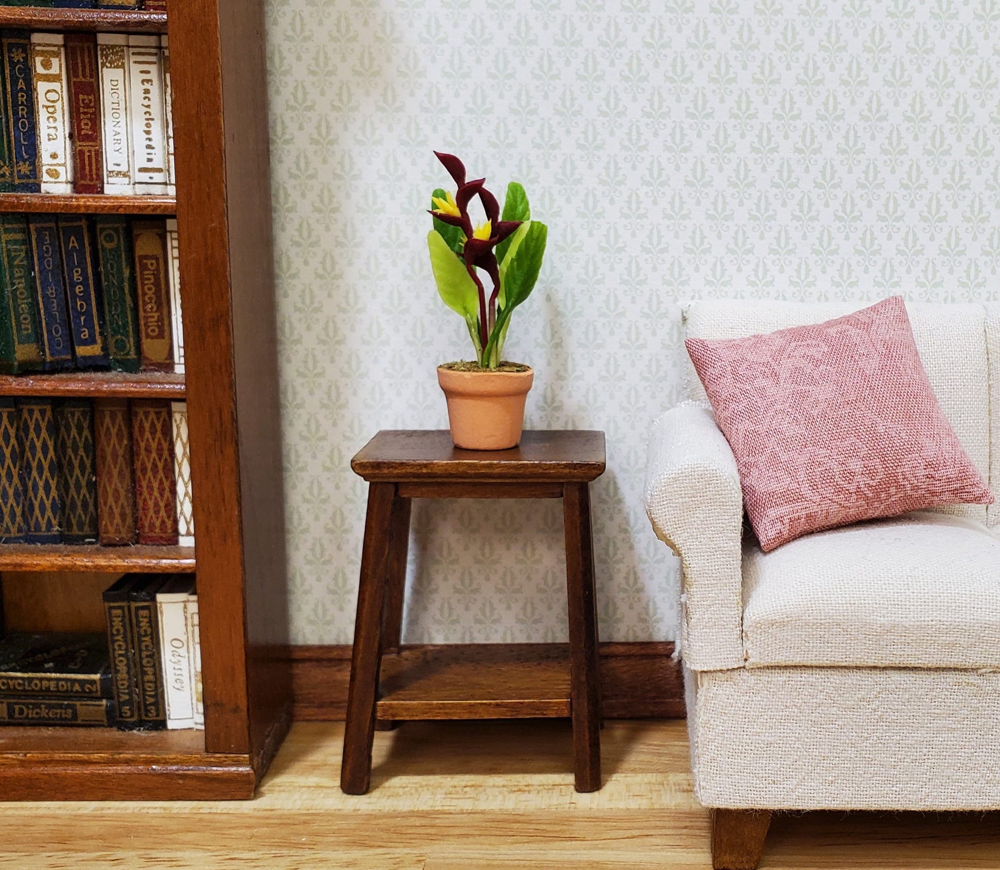 Dollhouse Burgundy and Yellow Heliconia Plant in Terra Cotta Pot 1:12 Scale