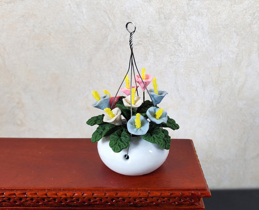 Dollhouse Pastel Flowers in a Hanging White Planter 1:12 Scale Miniature Garden
