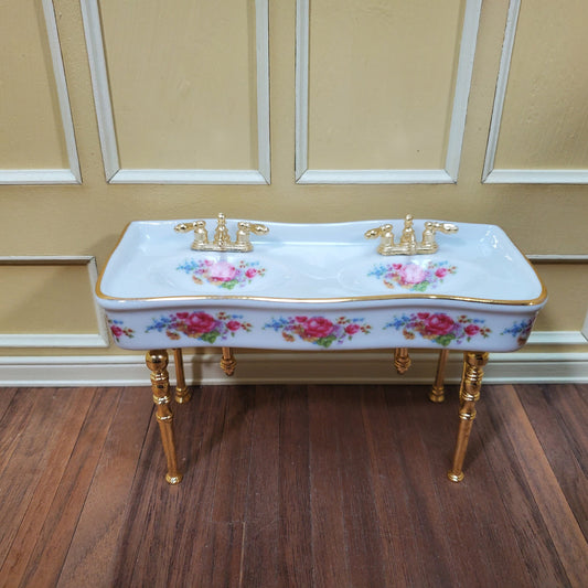 Dollhouse Dresden Rose Double Sink Bathroom Reutter Porcelain 1:12 Scale Miniature
