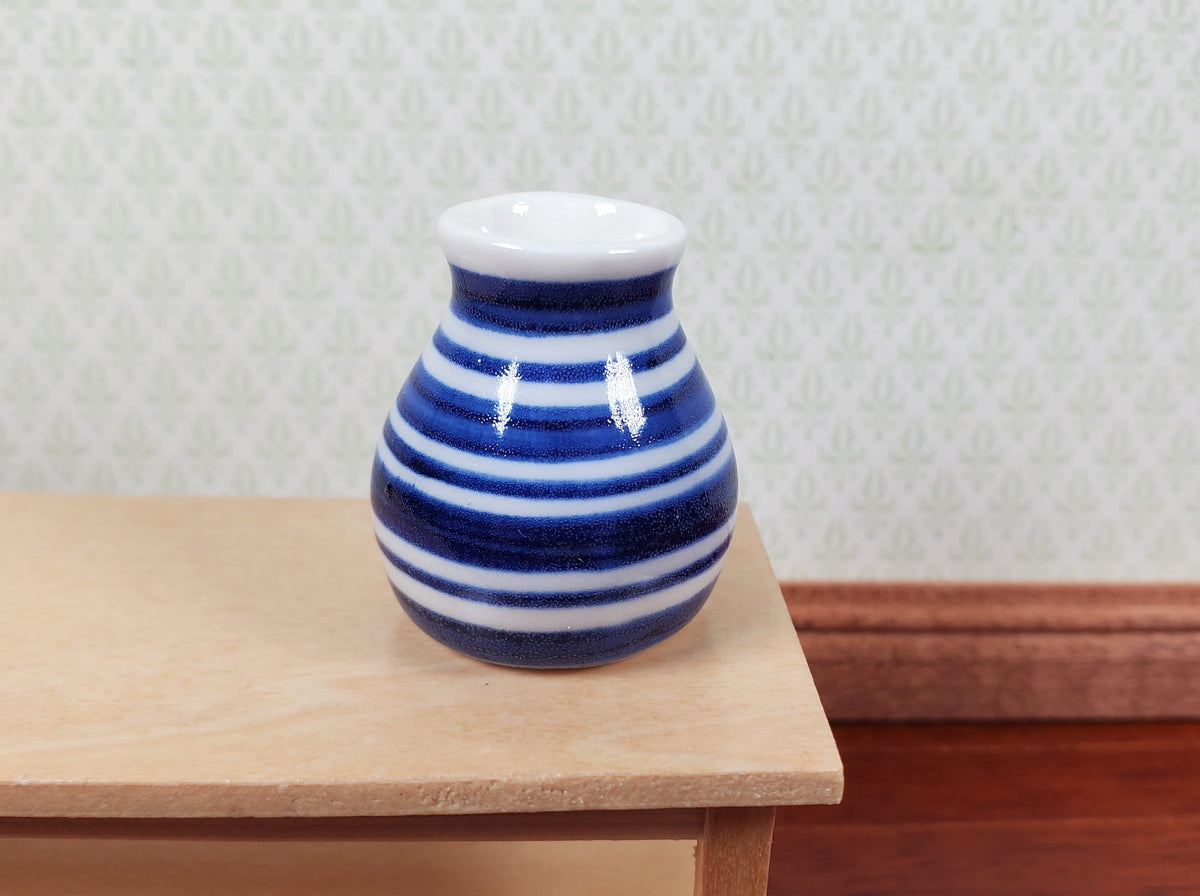 Dollhouse Vase Blue & White Stripes Wide Mouth Ceramic 1:12 Scale Miniature