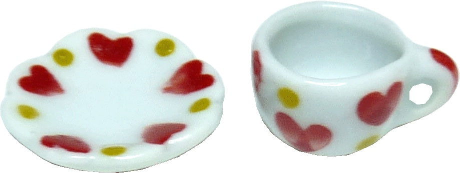 Dollhouse Ceramic Coffee Tea Cup with Saucer Hearts Motif 1:12 Scale Miniature
