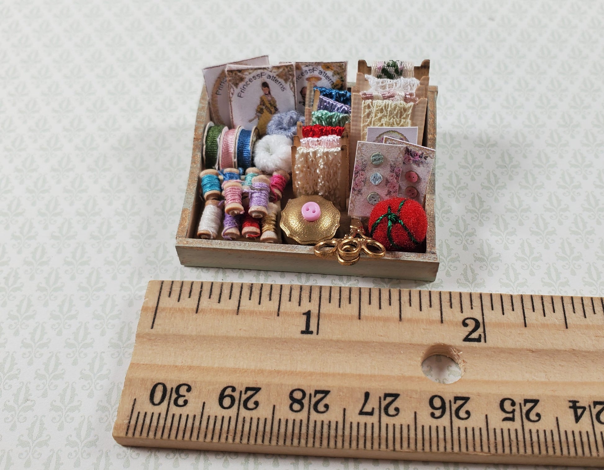 Dollhouse Sewing Box with Notions Patterns Lace Pin Cushion 1:12 Scale Miniature