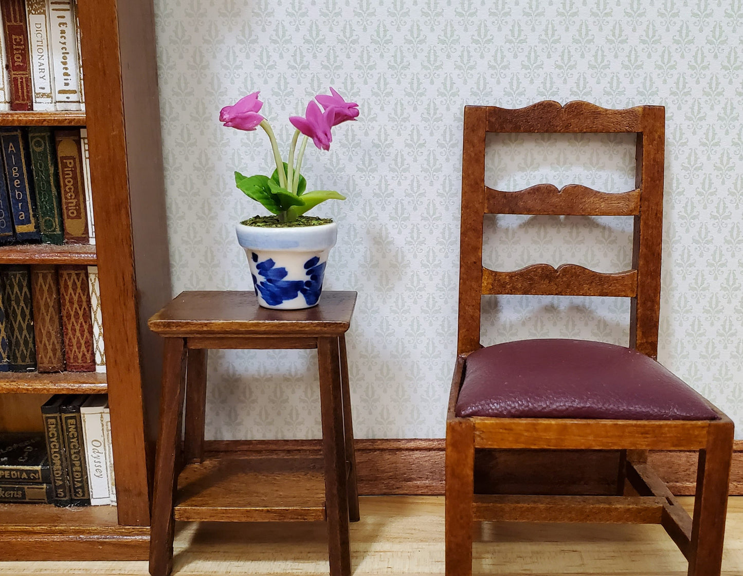 Dollhouse Potted Fuchsia Flowers 1:12 Scale Miniature Blue White Ceramic Pot