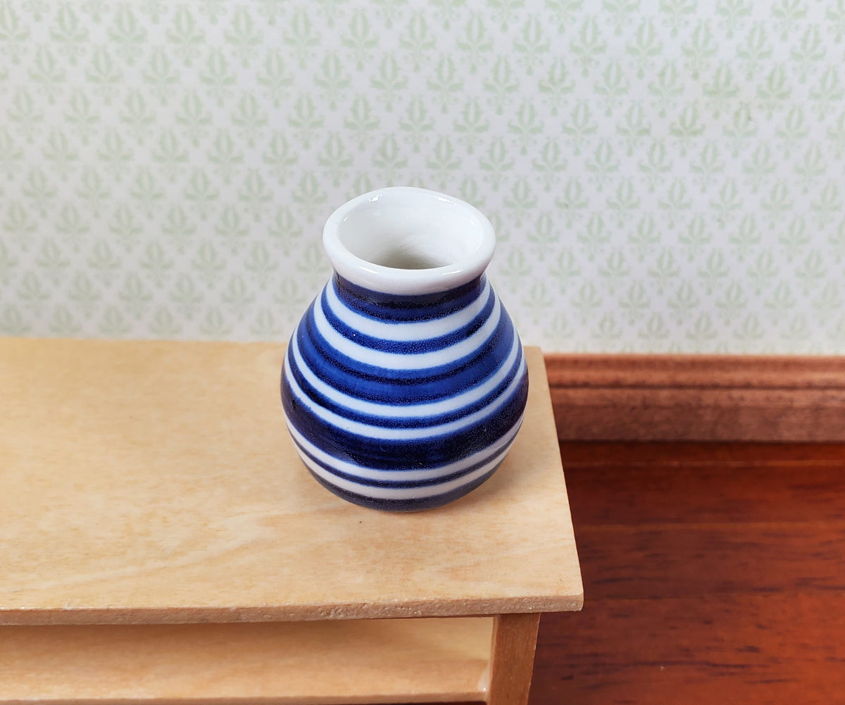 Dollhouse Vase Blue & White Stripes Wide Mouth Ceramic 1:12 Scale Miniature