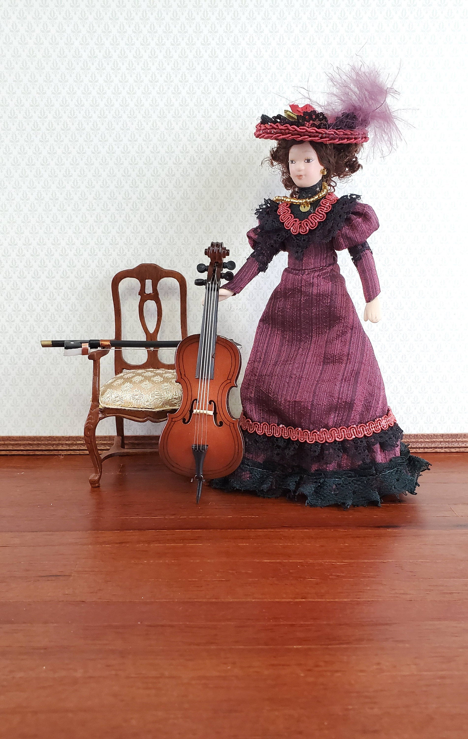 Dollhouse Miniature Cello and Bow Wood 4 1/2" 1:12 Scale Instrument