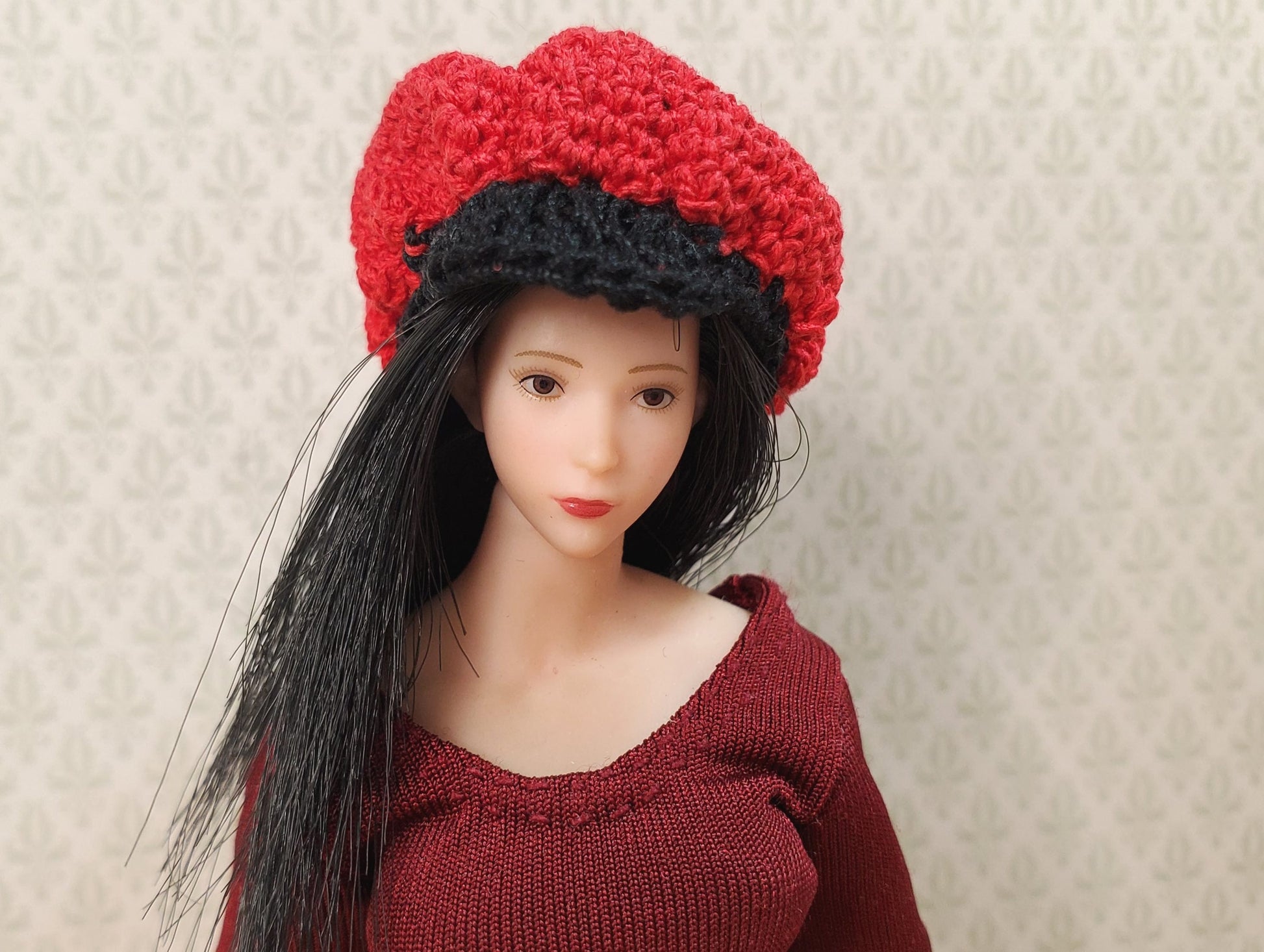 Dollhouse Rastafarian Cap Crocheted Red & Black 1:12 Scale Miniature