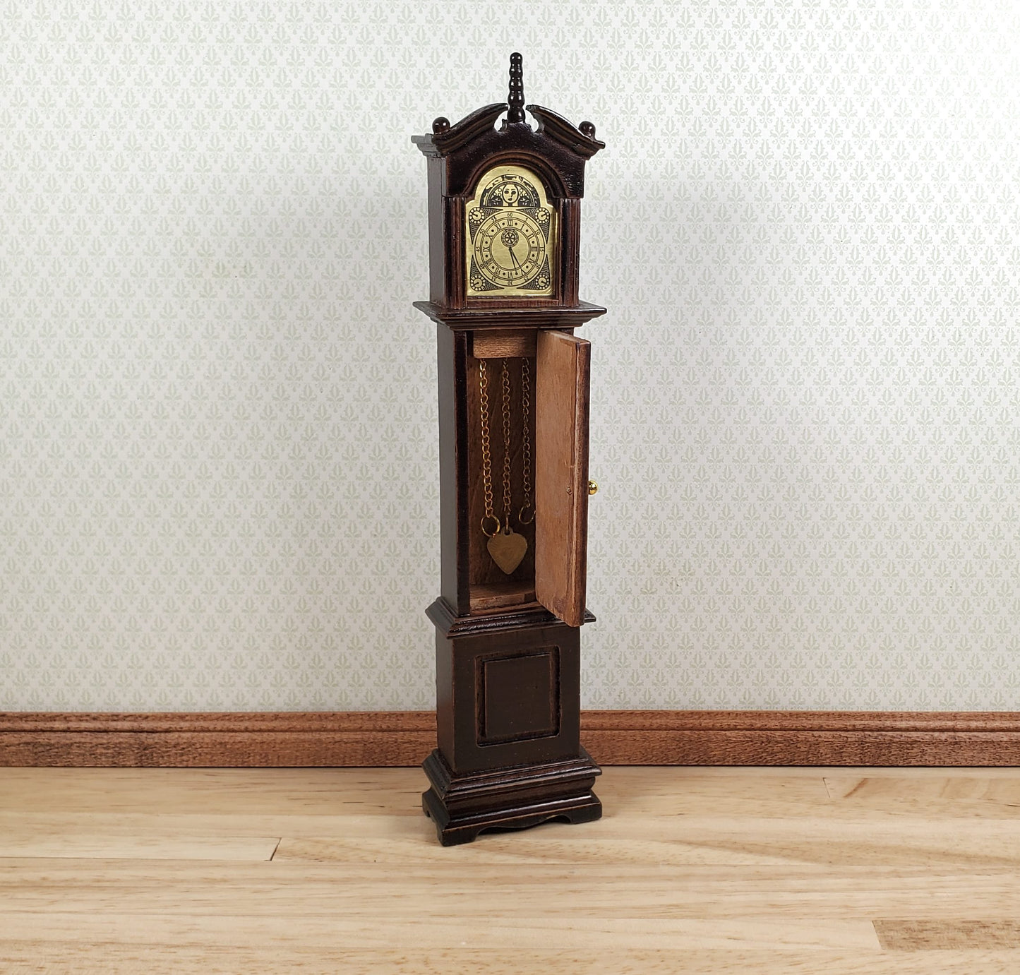 Dollhouse Wood Grandfather Clock Opens Walnut Finish1:12 Scale Miniature