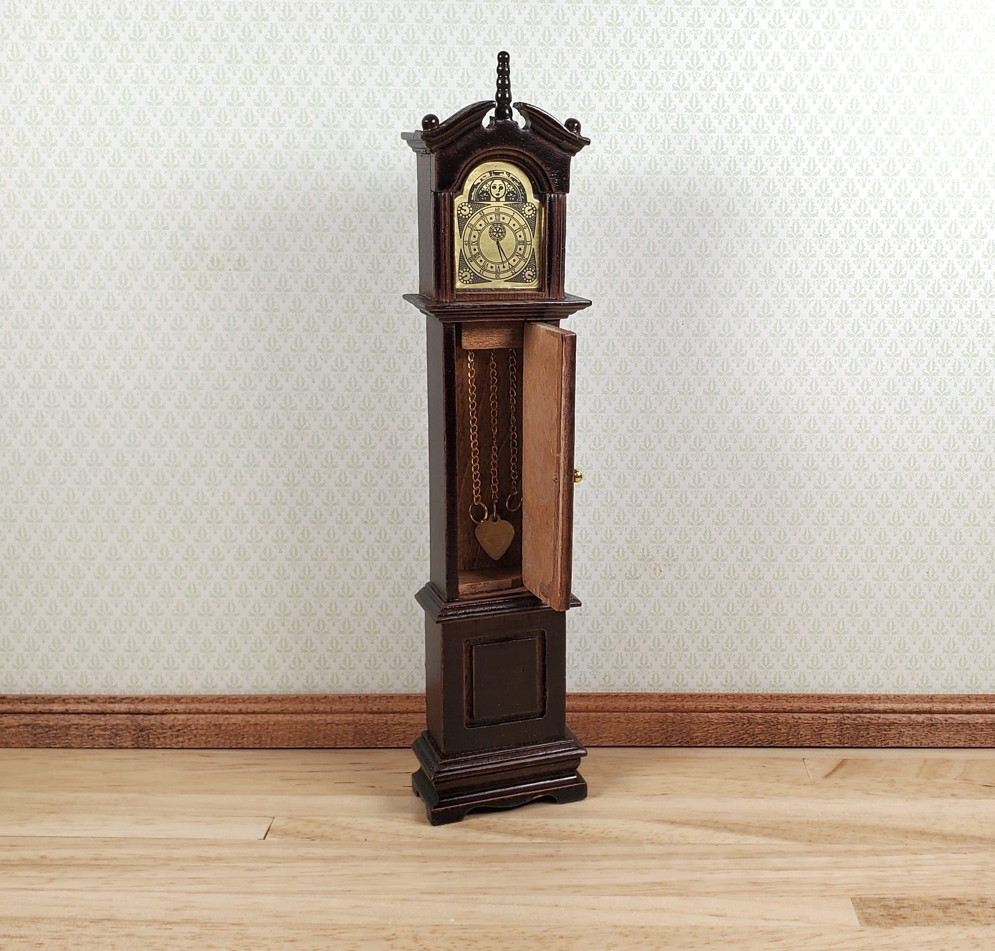 Dollhouse Wood Grandfather Clock Opens Walnut Finish1:12 Scale Miniature