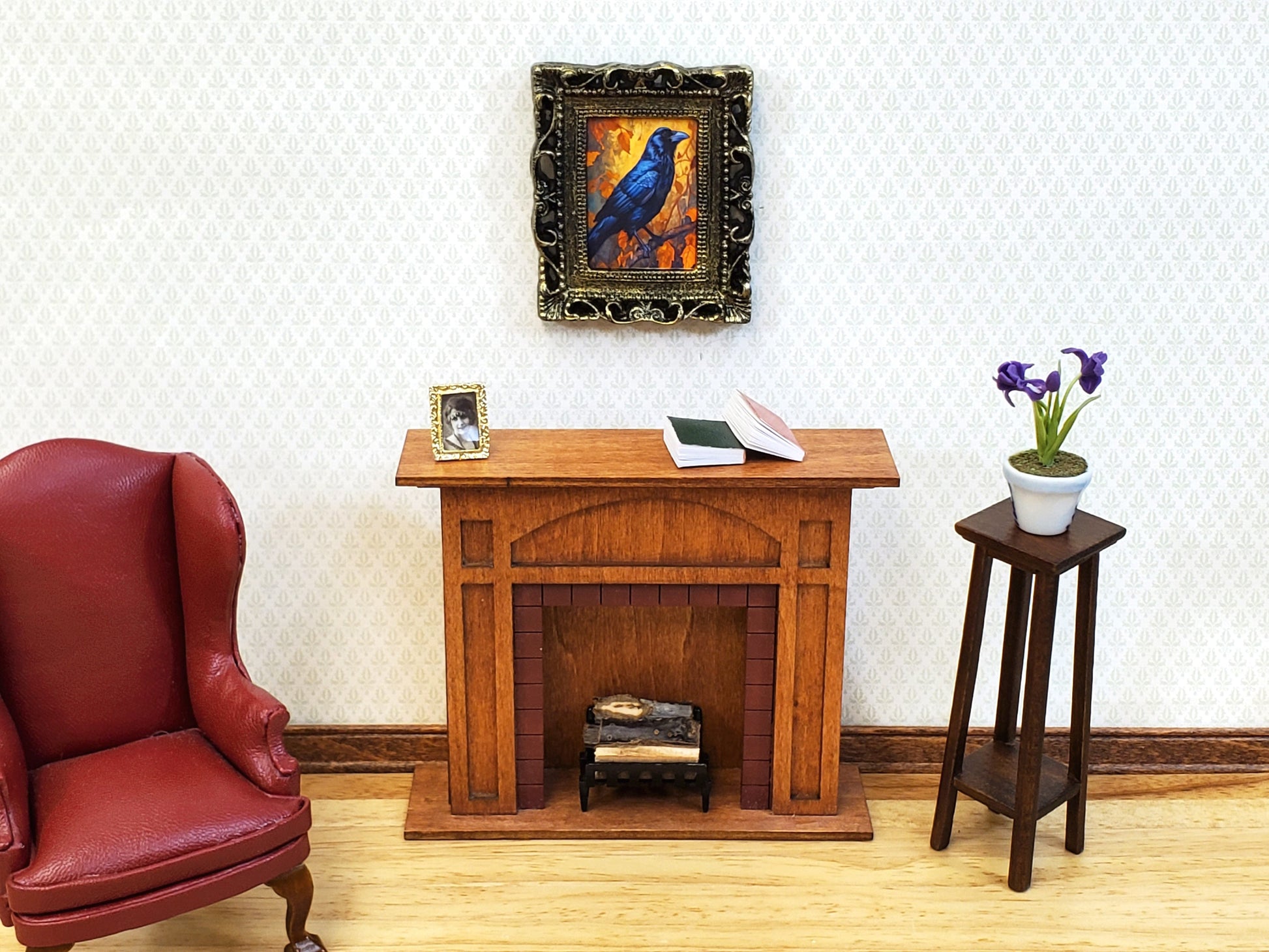 Miniature Raven with Fall Background Framed Print 1:12 Scale Halloween Haunted House