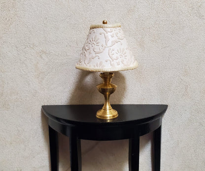 Dollhouse Table Lamp Embossed Cream Shade Brass Base 12 Volt Wired 1:12 Scale
