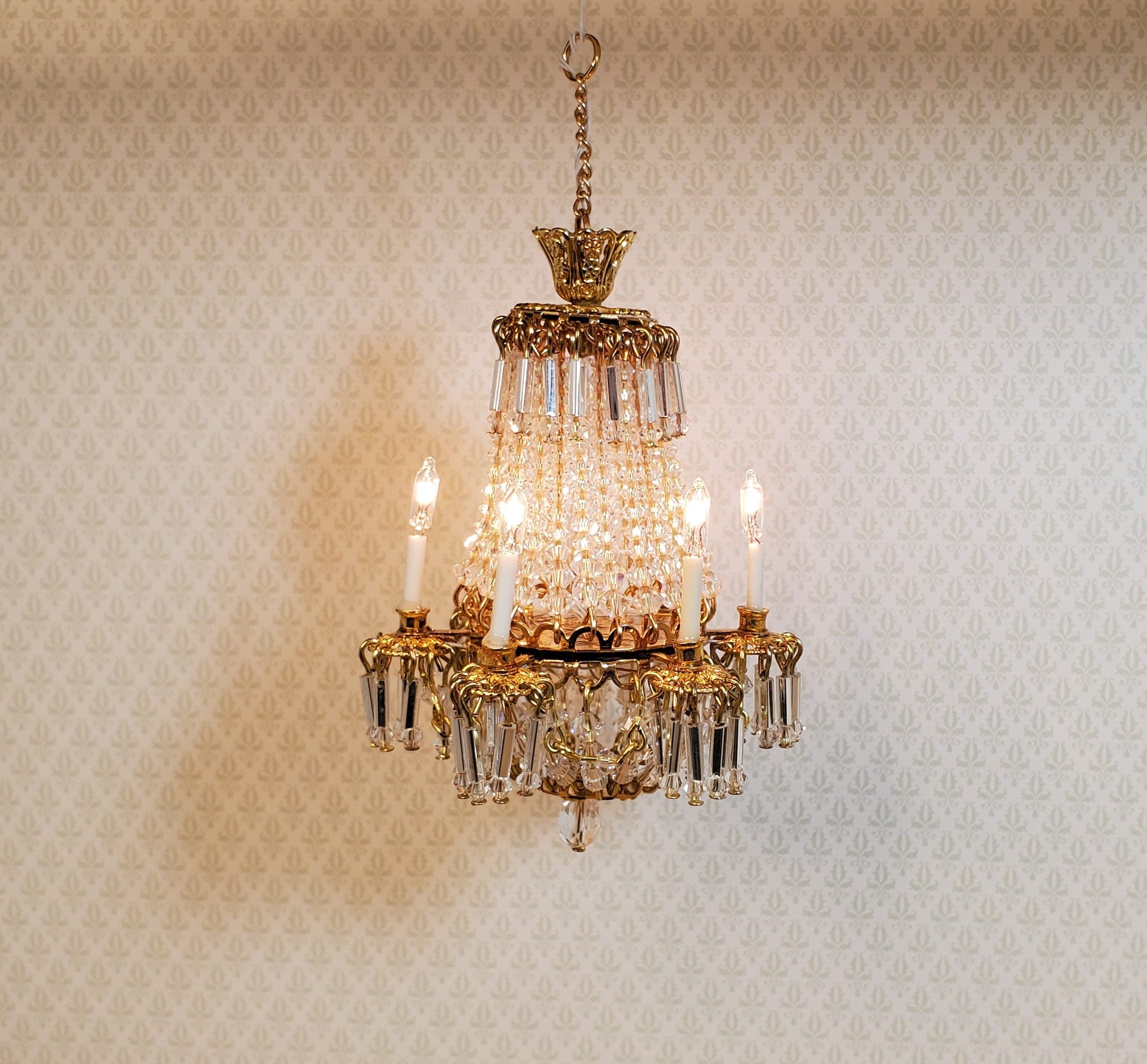 Dollhouse Fancy 6 Arm Grand Chandelier Real Glass Crystals 12 Volt 1:12 Scale