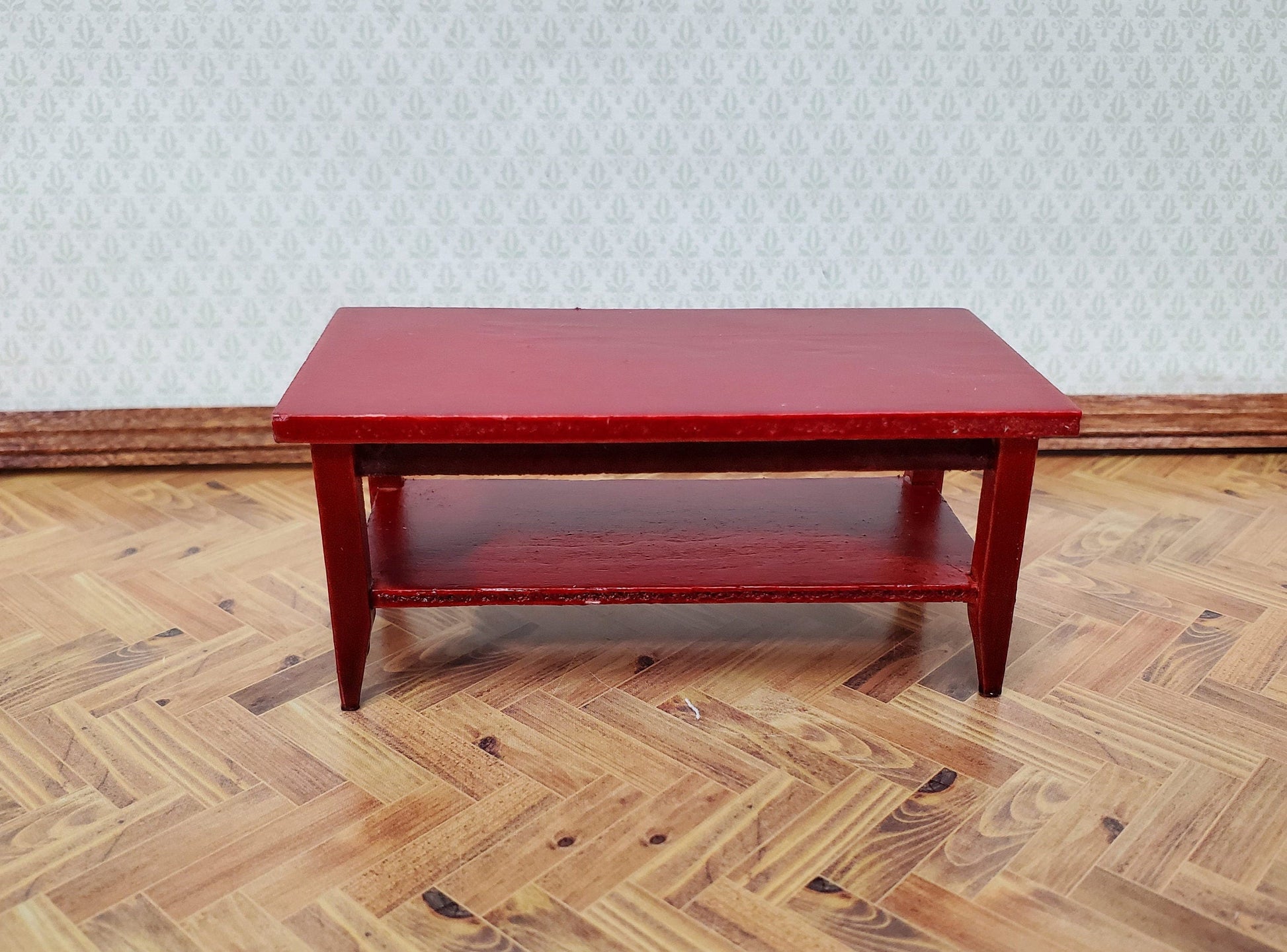 Dollhouse Modern Coffee Table with Shelf Wood Mahogany Finish 1:12 Scale Miniature Furniture
