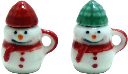 Dollhouse Snowmen Mugs Coffee Cups with Hat LARGE Set of 2 1:12 Scale Miniature