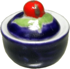 Dollhouse Small Ceramic Bowl with Lid Blue with Red Handle 1:12 Scale Miniature