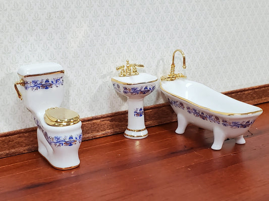 Dollhouse HALF SCALE Bathroom Set Reutter Porcelain Tub Toilet Sink 1:24 Miniatures Blue & Gold