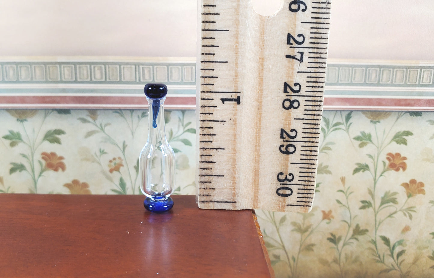 Dollhouse Blue Trim Glass Bottle with Top 1:12 Scale Miniature Decoration Drinks