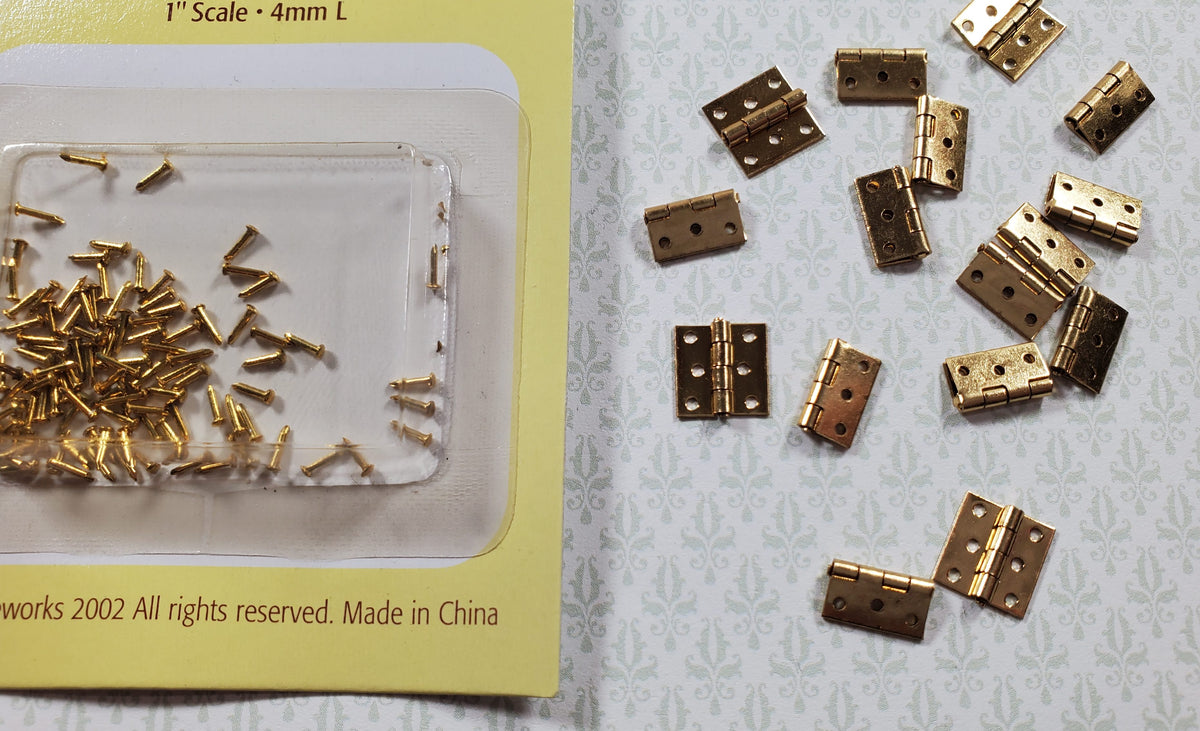 Dollhouse Miniature Butt Hinges Working x16 Gold Brass 1:12 Scale Includes Nails