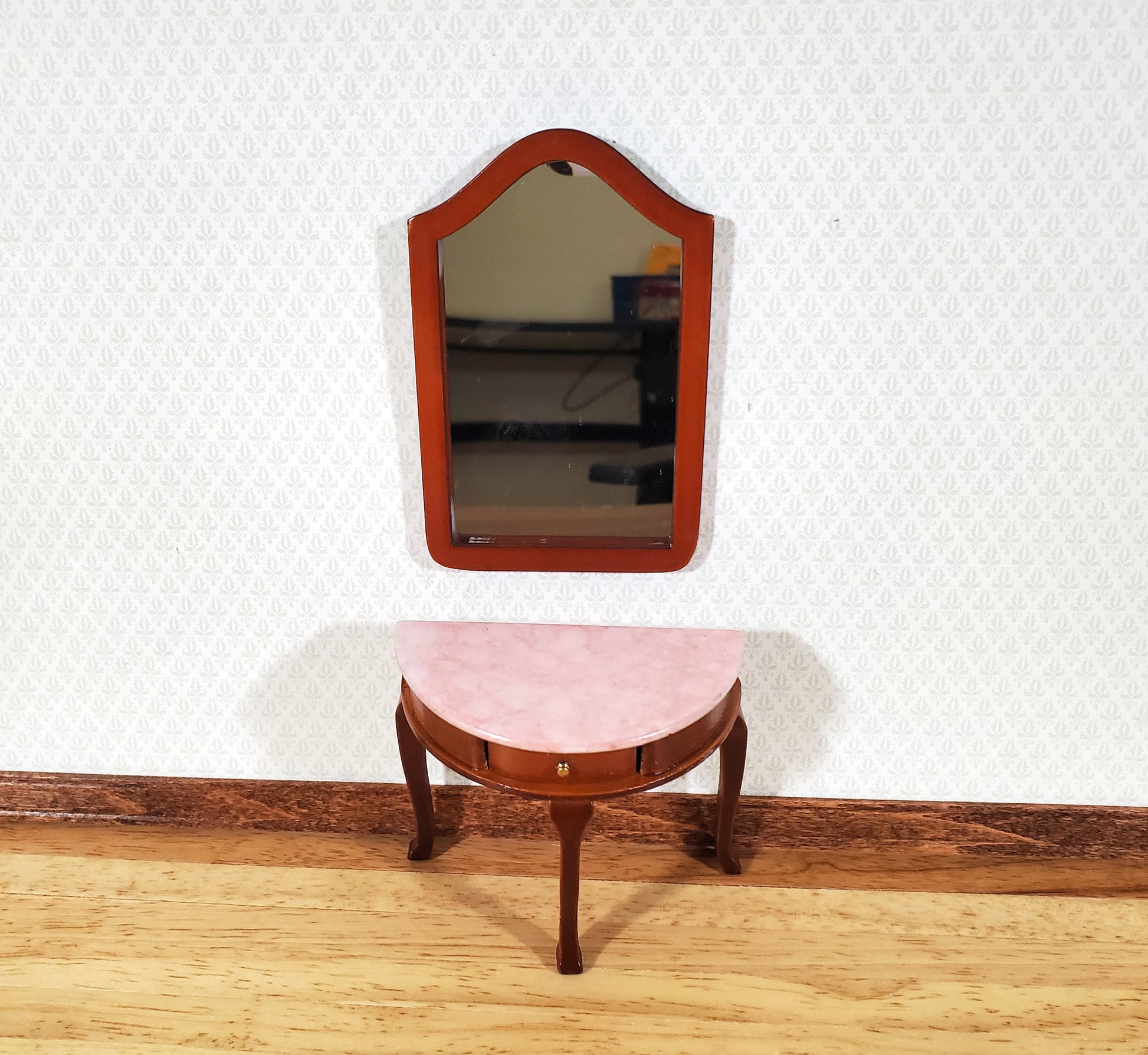 Dollhouse Demi Table with Mirror Half Round Demilune 1:12 Scale Furniture Walnut Finish