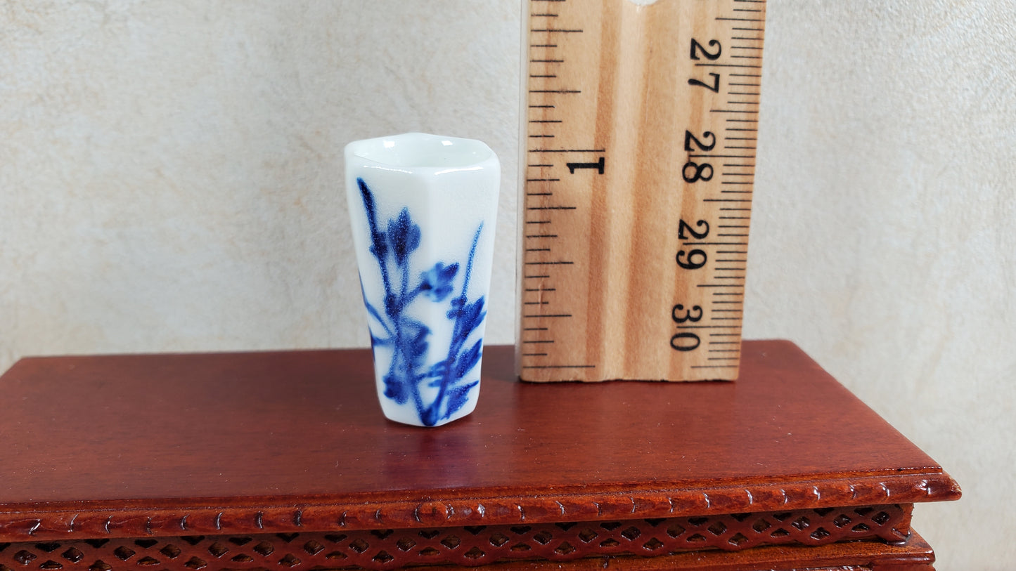 Dollhouse Blue & White Decorative Vase for Flowers Hexagon 1:12 Scale Miniature