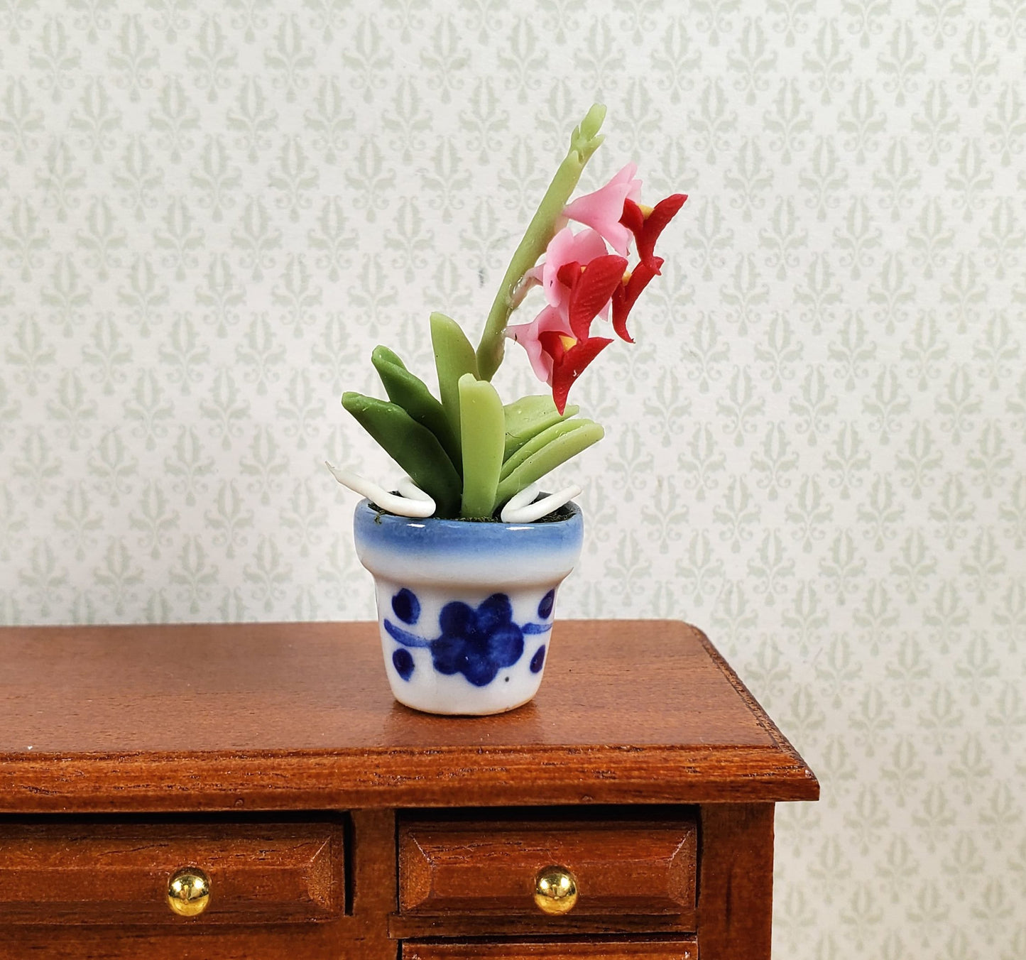 Dollhouse Pink Orchid Flowers in a Blue & White Ceramic Pot 1:12 Scale Miniature