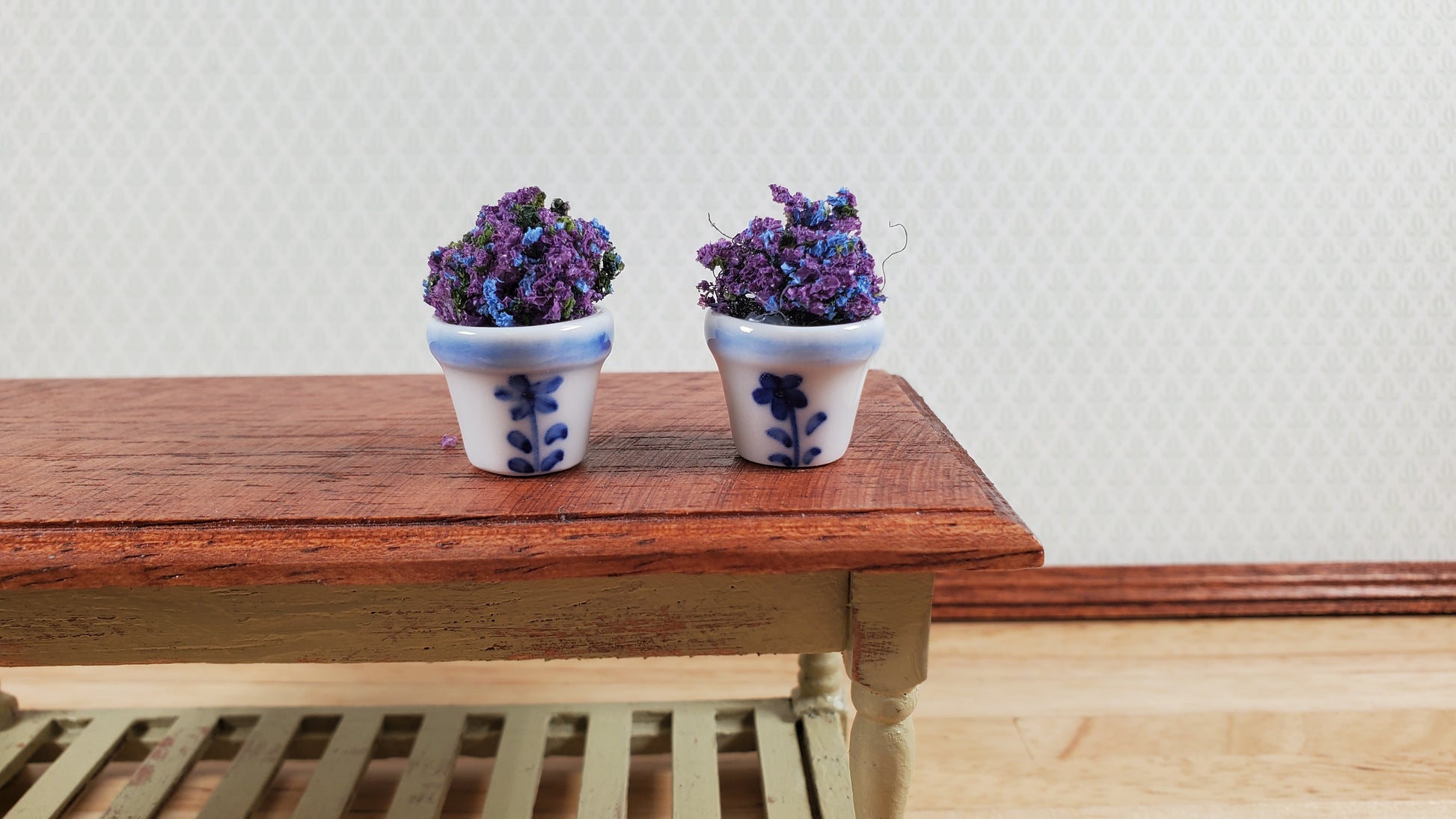 Dollhouse Cermaic Planter Blue & White Set of 2 Small 1:12 Scale Miniature