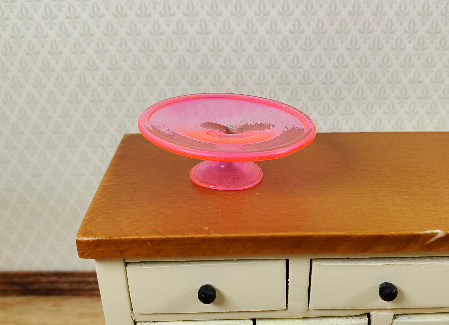 Dollhouse Fluorescent Pink Glass Cake Plate Large Miniature Kitchen