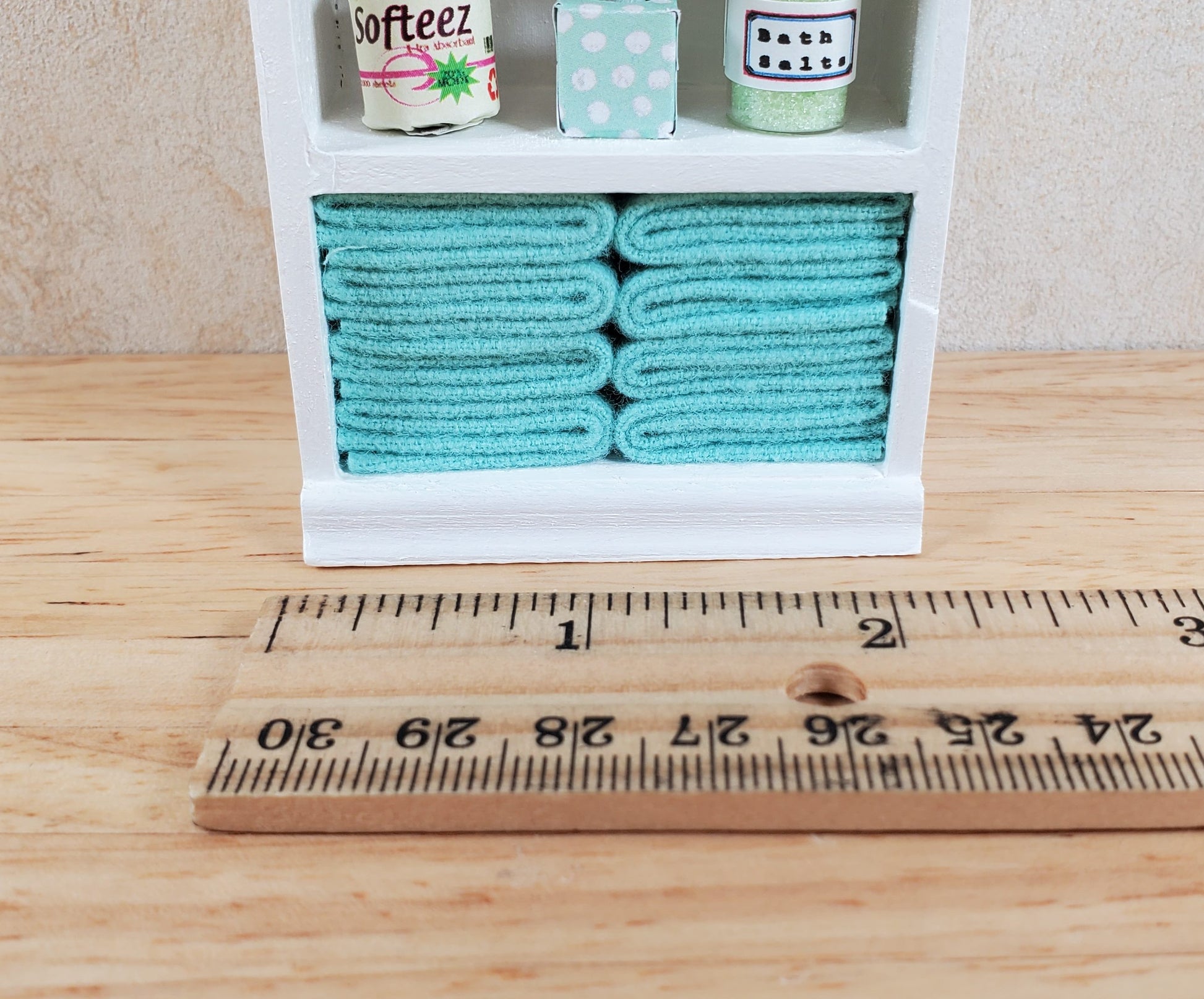 Dollhouse Bathroom Shelf with Teal Towels & Accessories 1:12 Scale Handmade