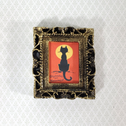 Miniature Vintage Black Cat with Moon Halloween Framed Print 1:12 Scale Witch House