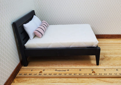 Dollhouse Double Bed Black Modern Style 1:12 Scale Miniature Wood Furniture