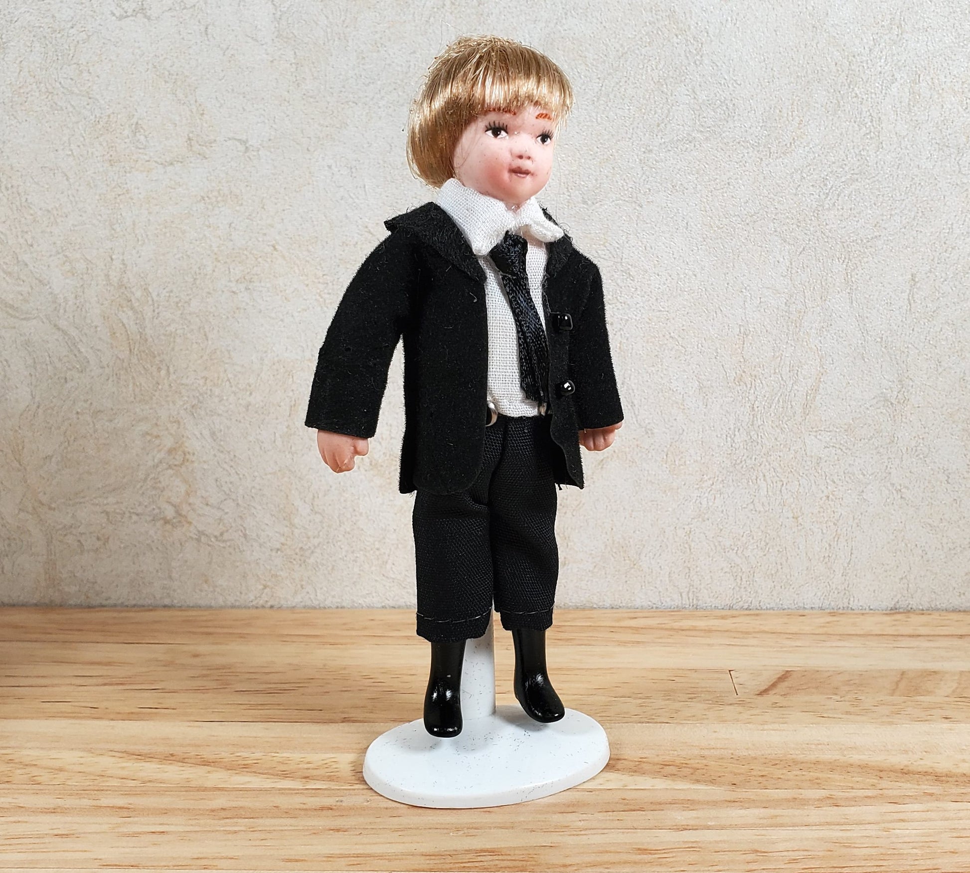 Dollhouse Boy in Black Suit & Tie Son Doll Porcelain Semi-Poseable 1:12 Scale