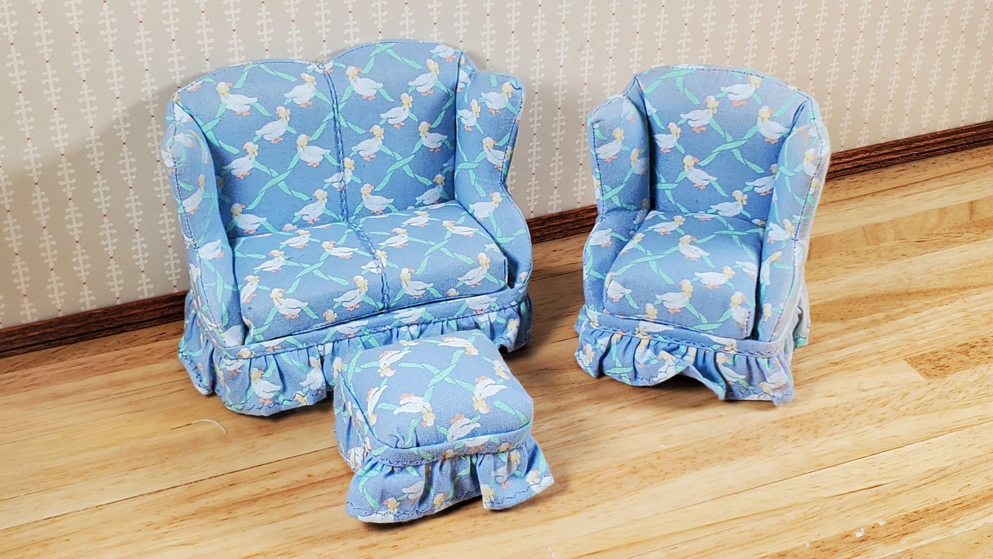 Some Fading on Fabric - Dollhouse Small Sofa Chair Ottoman Nursery Theme 1:12 Scale