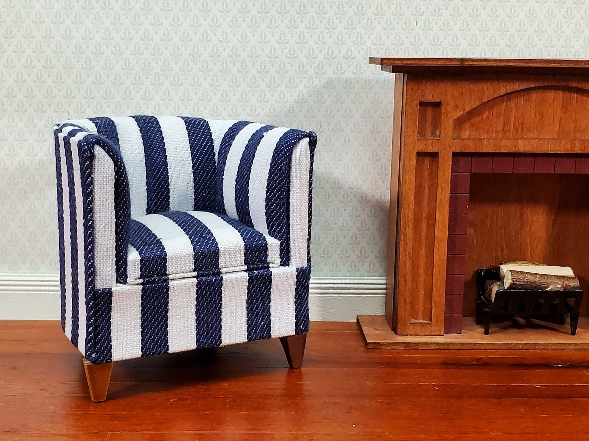 Dollhouse Club Chair Navy & White Wide Striped Modern Style 1:12 Scale Miniature Furniture