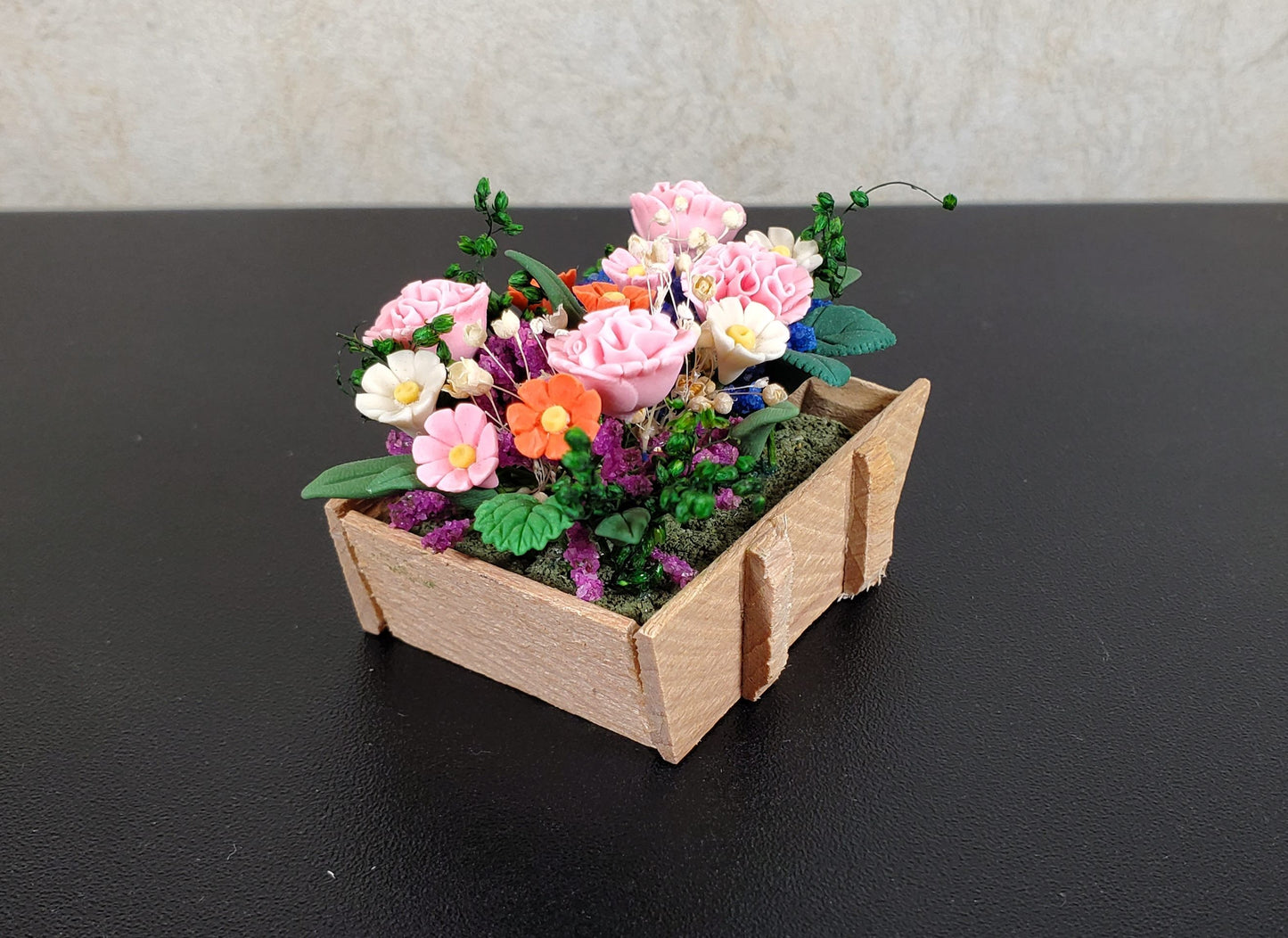 Dollhouse Carnations and Assorted Flowers in Rustic Planter 1:12 Scale Miniature