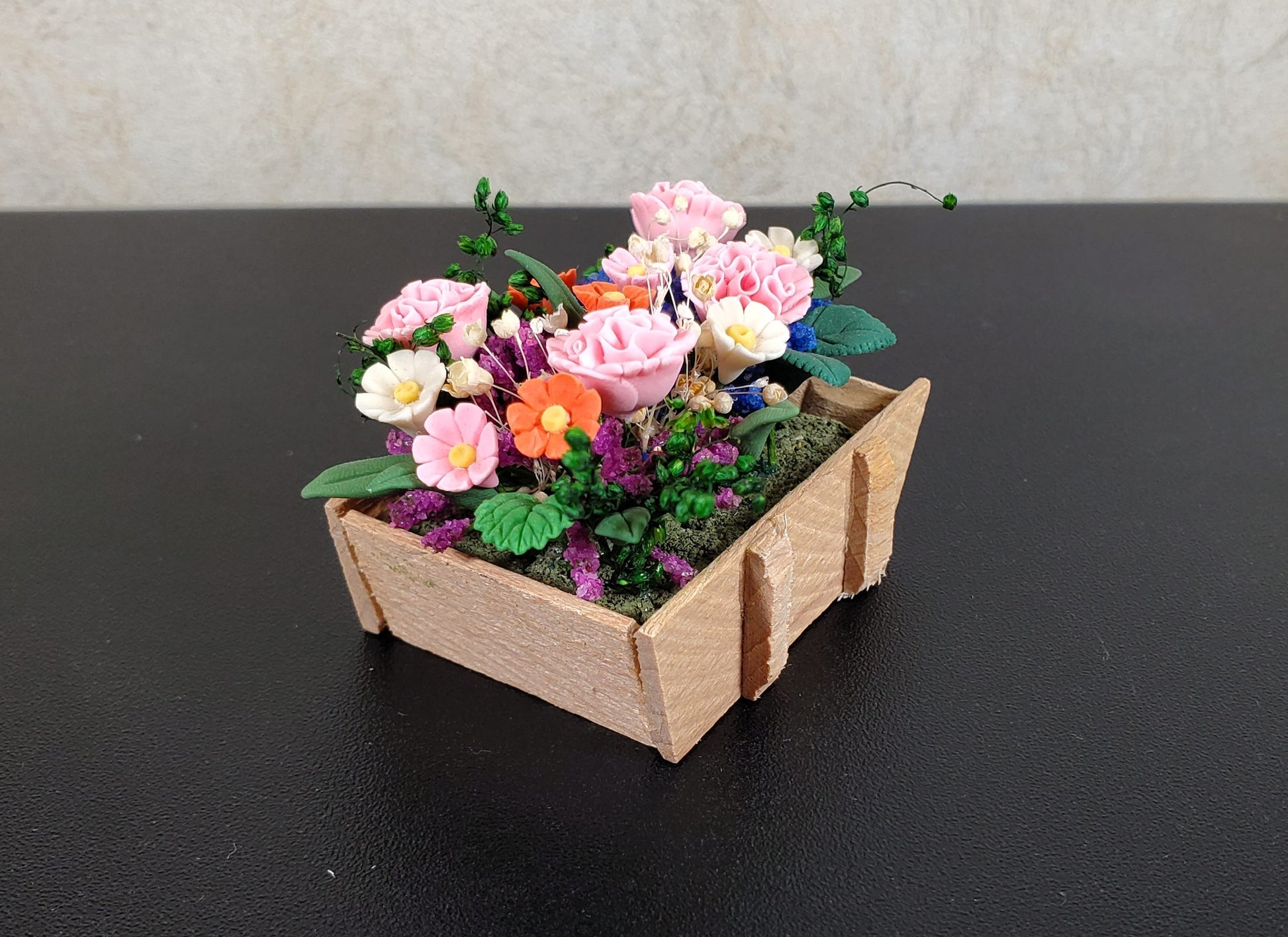 Dollhouse Carnations and Assorted Flowers in Rustic Planter 1:12 Scale Miniature
