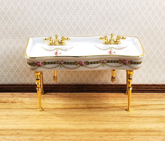 Dollhouse Double Sink Victorian Rose Double Reutter Porcelain 1:12 Scale Miniature
