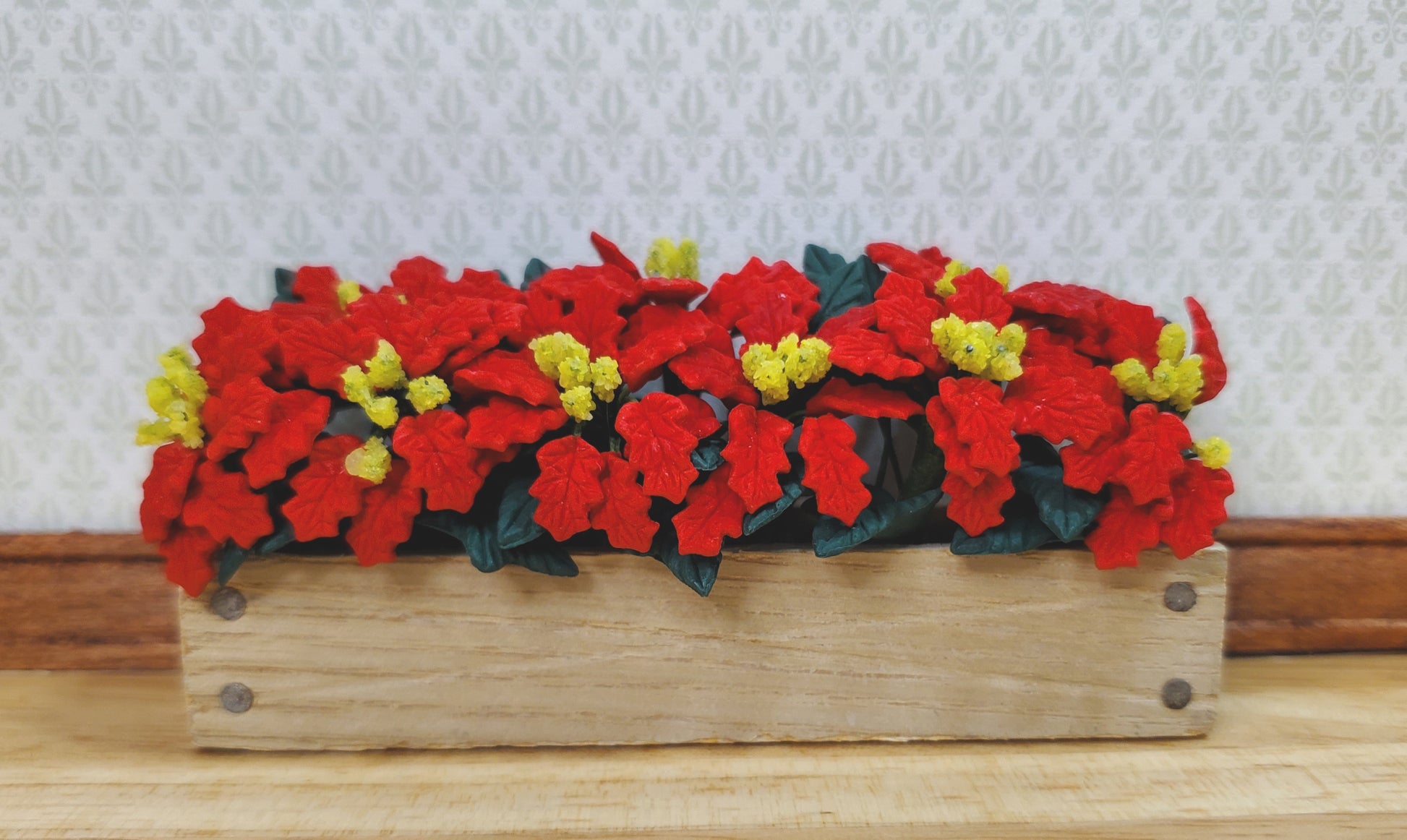 Dollhouse Red Poinsettias in Window Box Planter 1:12 Scale Miniature 3 3/8"