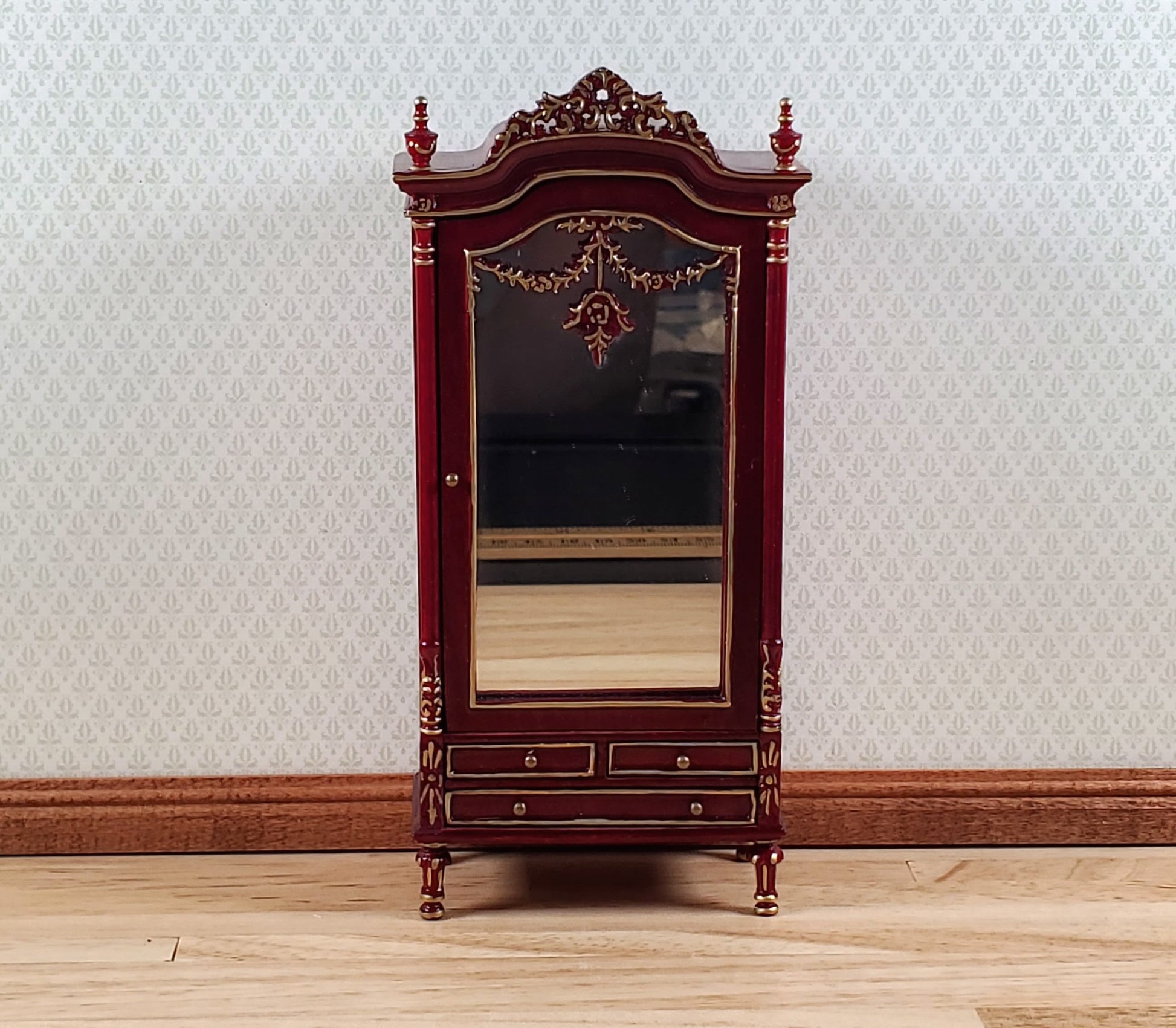 Dollhouse Mirrored Wardrobe Mahogany Finish 1:12 Scale by Hansson Miniatures