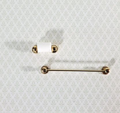 Dollhouse Miniature Towel Rod & Toilet Paper Holder Bathroom 1:12 Scale Gold Brass