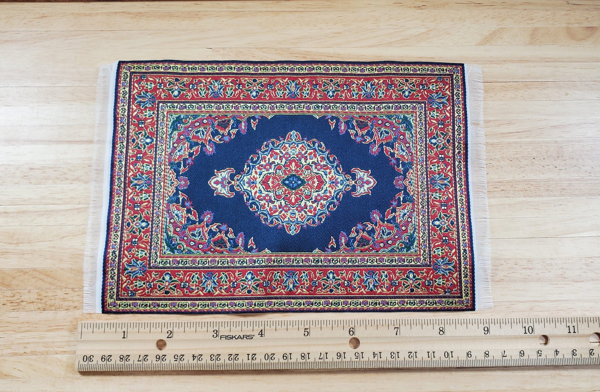 Dollhouse Rug Woven Fabric Large Blue Red Gold 9 1/4" x 5 7/8" 1:12 Scale