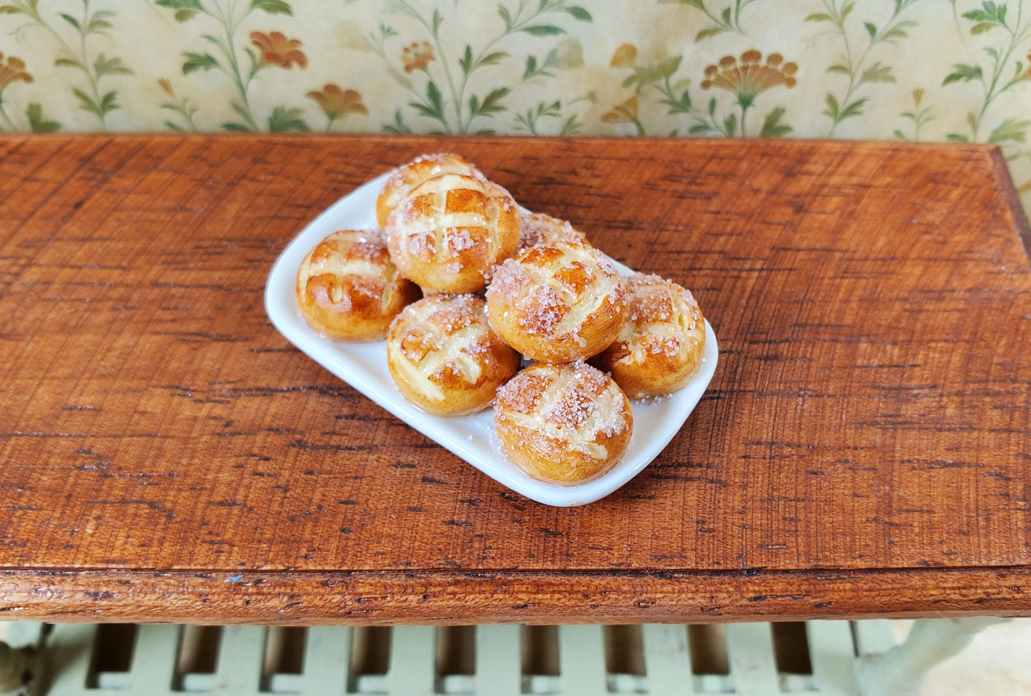 Dollhouse Sugar Buns on a White Ceramic Platter 1:12 Scale Miniature Kitchen