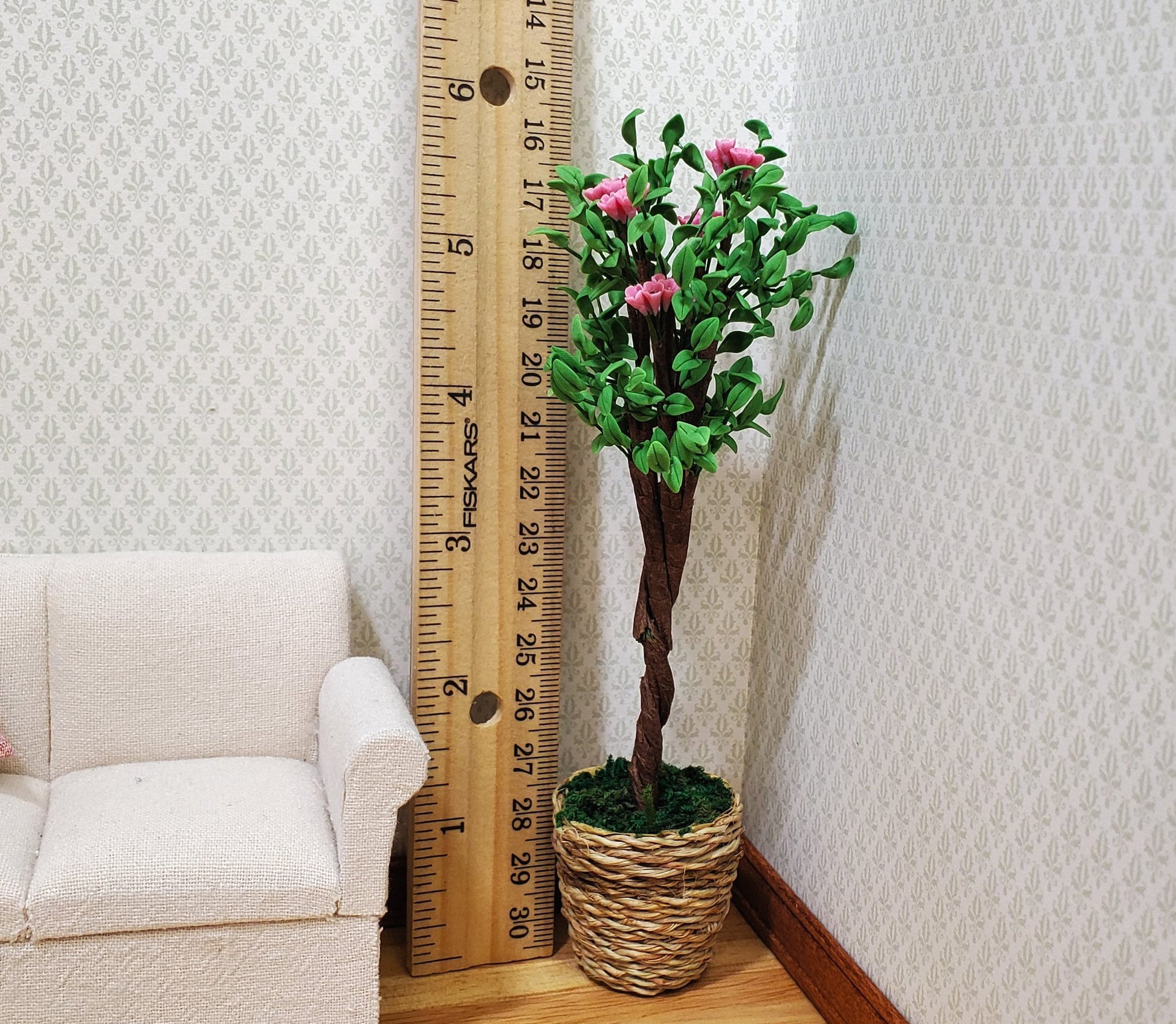 Dollhouse Large Ornamental Flowering Tree in Woven Basket 1:12 Scale Miniature