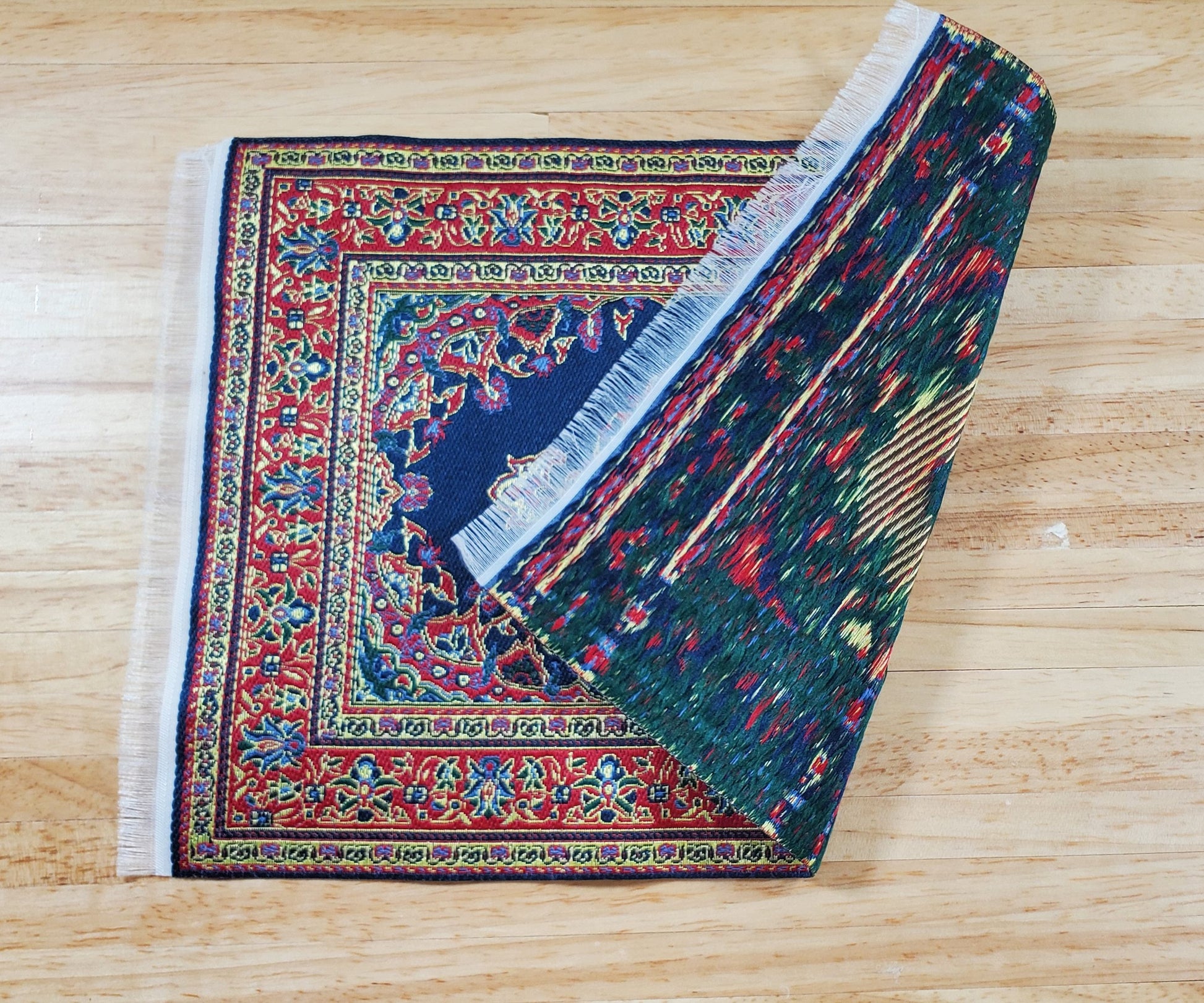 Dollhouse Rug Woven Fabric Large Blue Red Gold 9 1/4" x 5 7/8" 1:12 Scale