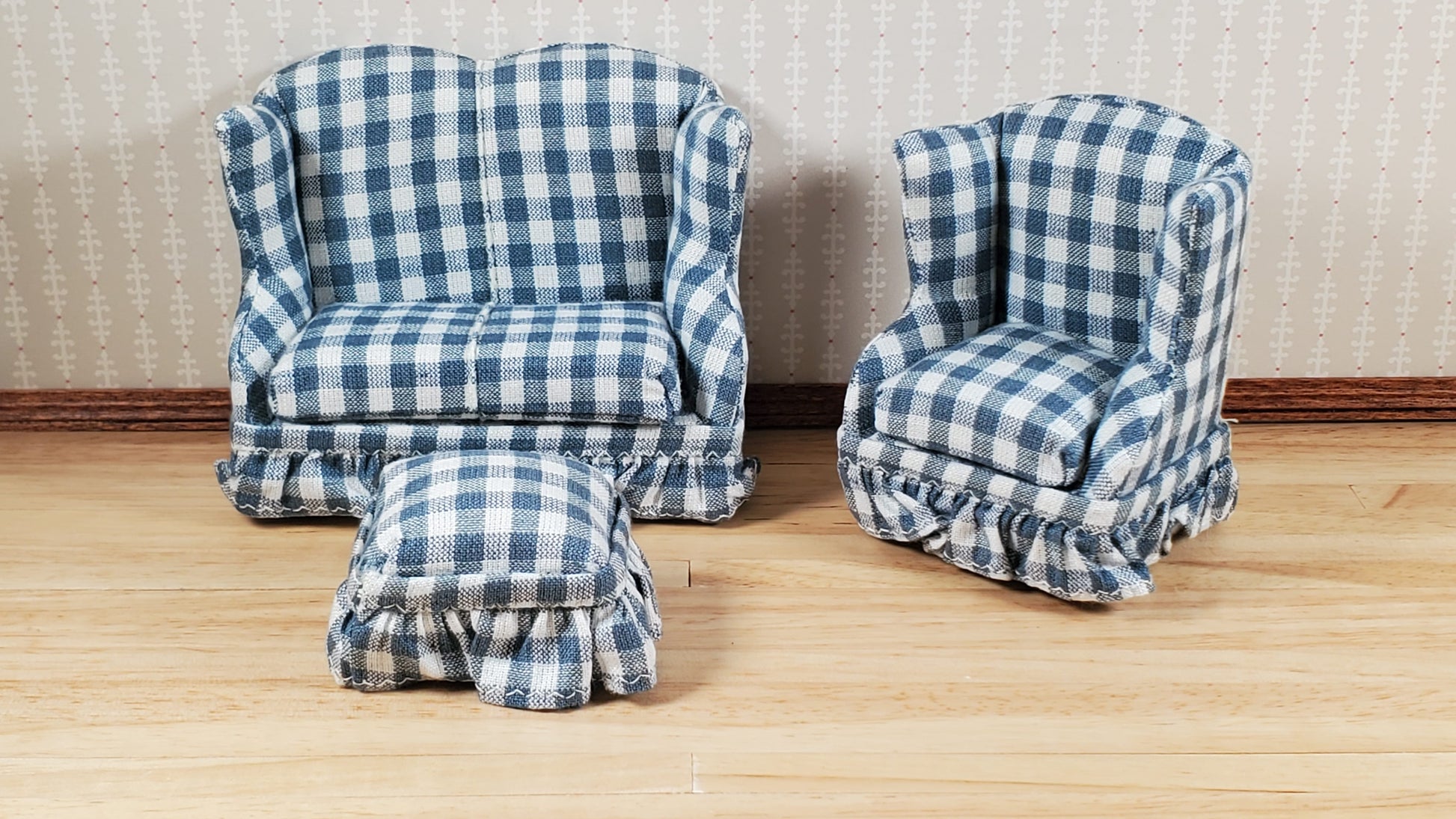 Dollhouse Small Sofa Chair Ottoman Gray Plaid 1:12 Scale Miniature Furniture