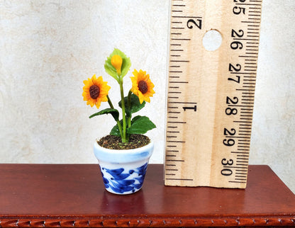 Dollhouse Sunflowers Plant in Blue and White Ceramic Pot 1:12 Scale Miniature