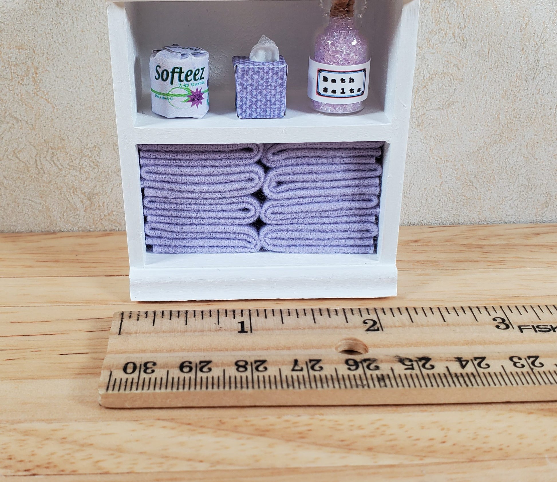 Dollhouse Bathroom Shelf with Purple Towels & Accessories 1:12 Scale Handmade