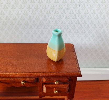 Dollhouse Green and Beige Square Ceramic Jar or Vase 1:12 Scale Miniature