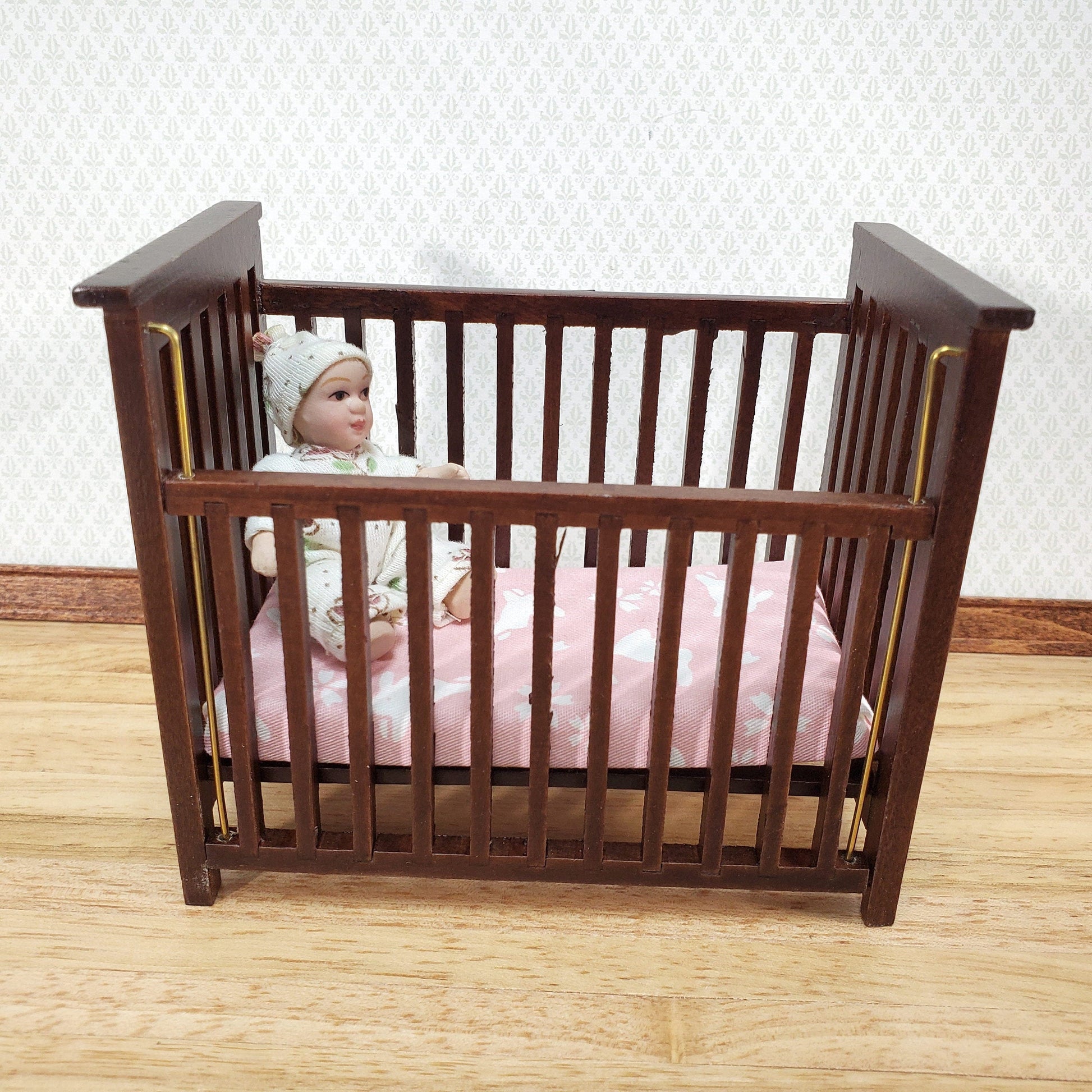 Dollhouse Crib Wood Drop Side Dark Walnut 1:12 Scale Miniature Nursery Furniture