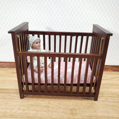 Dollhouse Crib Wood Drop Side Dark Walnut 1:12 Scale Miniature Nursery Furniture