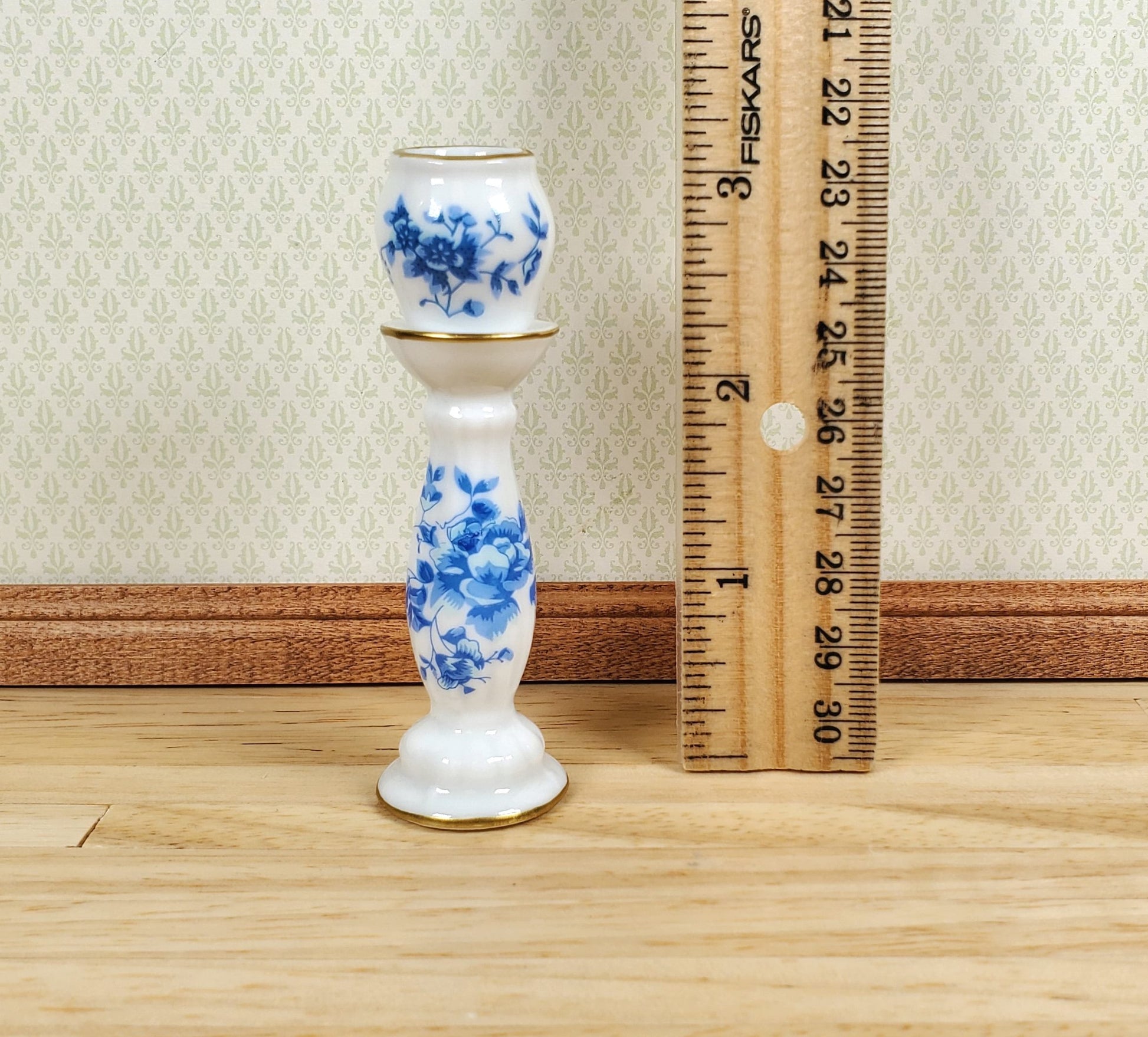Dollhouse Pedestal with Vase Jardiniere Ceramic Blue White 1:12 Scale Miniature